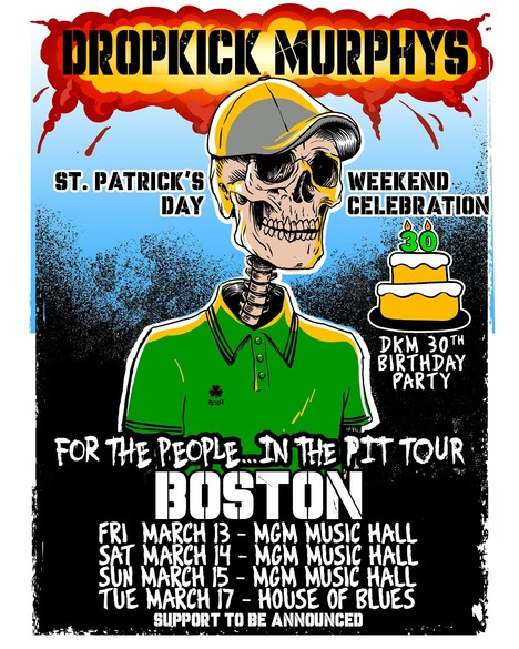 A skeleton with a green shirt and a hat on standing above tour dates, a birthday cake is next to him saying "DKM 30th Birthday Party"