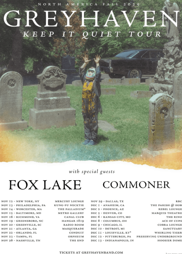 A tour poster with Greyhaven Keep It Quiet Tour dates with an image of someone in a graveyard in an astronaut costume reaching toward the sky.