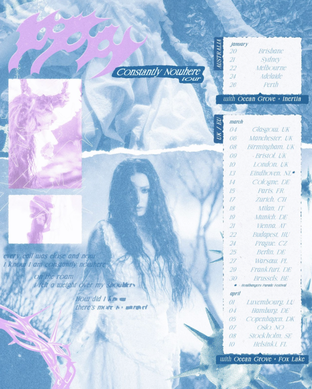 A blue and pink tour poster with dates for Poppy UK/EU tour