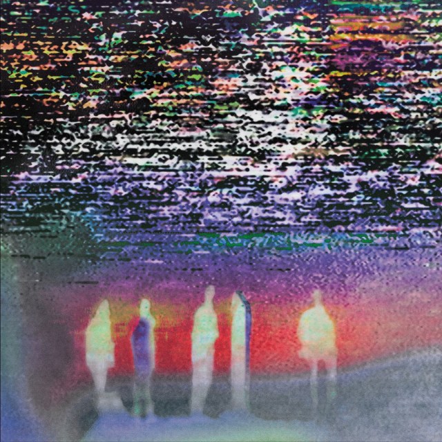 A tv-static like image with 5 glowing people at the bottom.