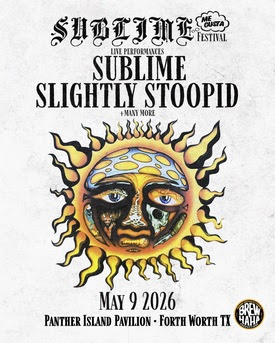 A graphic of a sun in the center with the names Sublime and Slightly Stoopid above it.