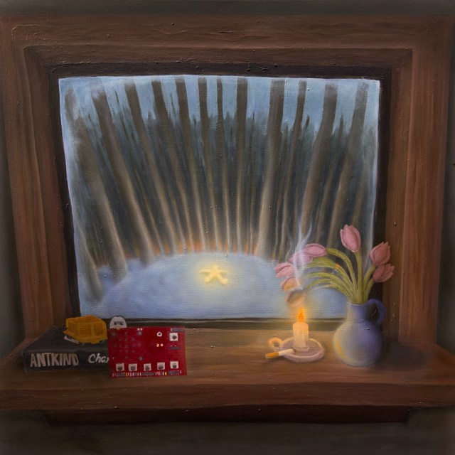 A painting of a window facing tress during winter.