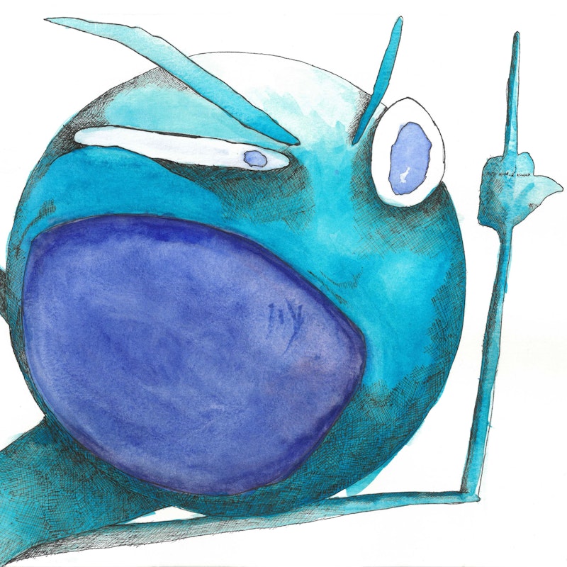 A blue cartoon figure holding up one finger.