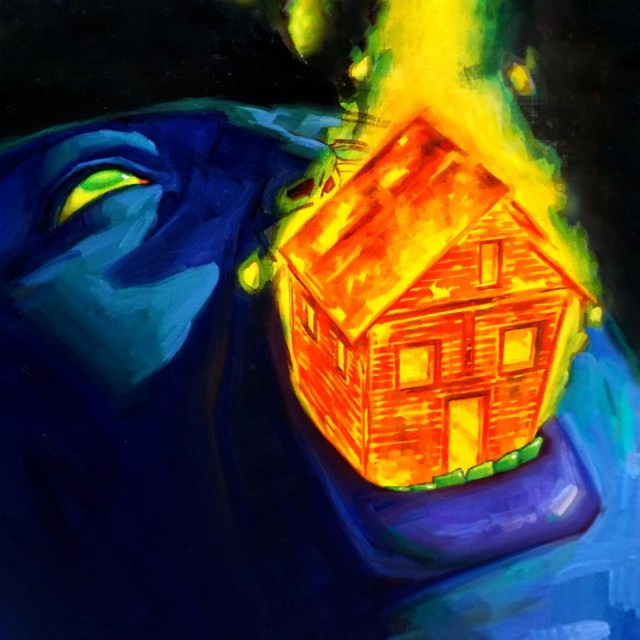 A drawing of a blue person with a flaming house coming out of my mouth.