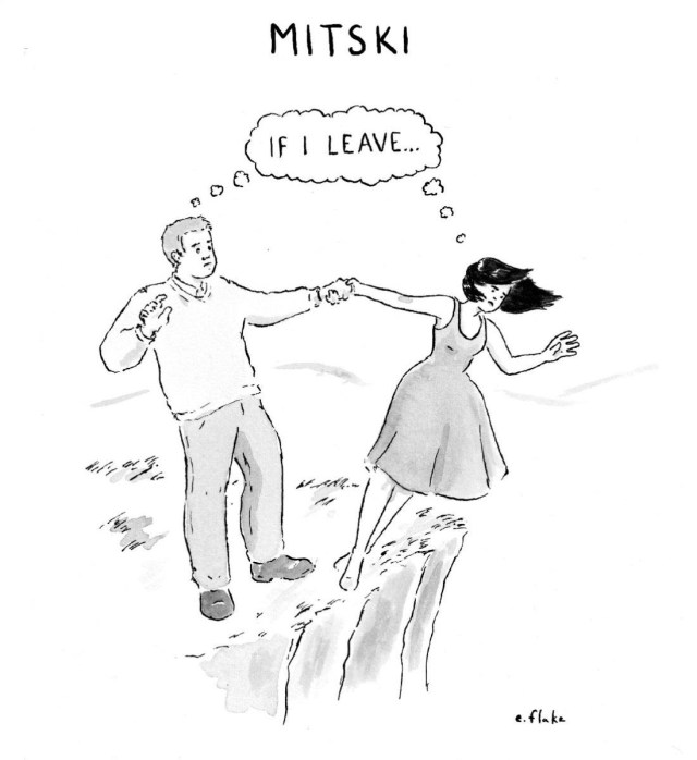 A drawing of a man and woman on the edge of a cliff. He is holding her as she begins to fall of the edge. They shared thought bubble that says "If I leave..." "MITSKI" is read in all caps at the top center and "e.flake" is on the bottom right in lowercase.